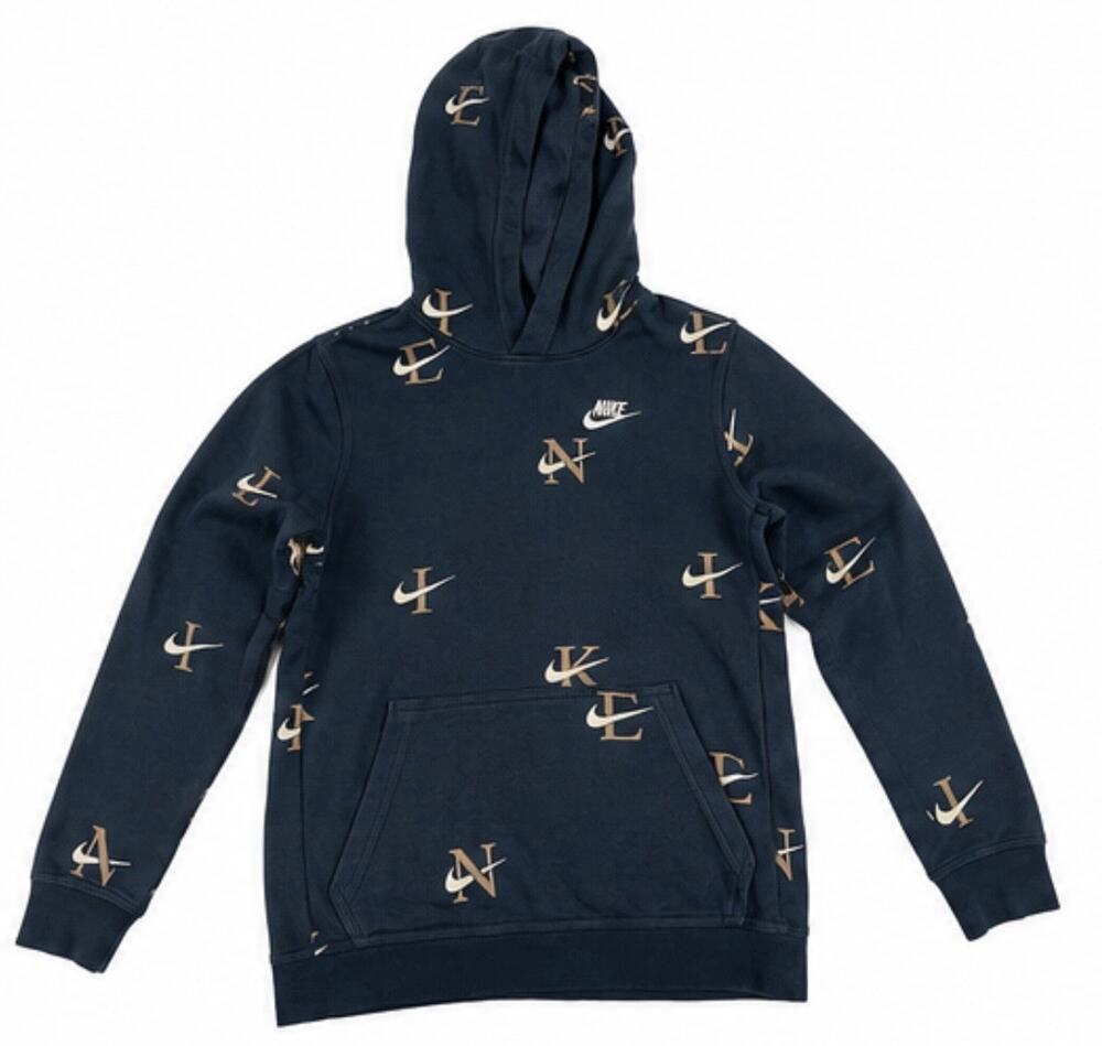 Nike Youth Large Blue All Over Logo Print Pullover Hoodie Sweatshirt Boys L